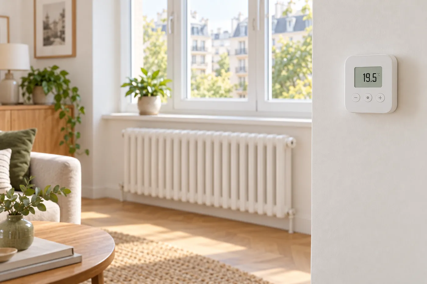 Thermostat d'ambiance programmable affichant 19,5 dans un salon lumineux, radiateur sous la fenêtre