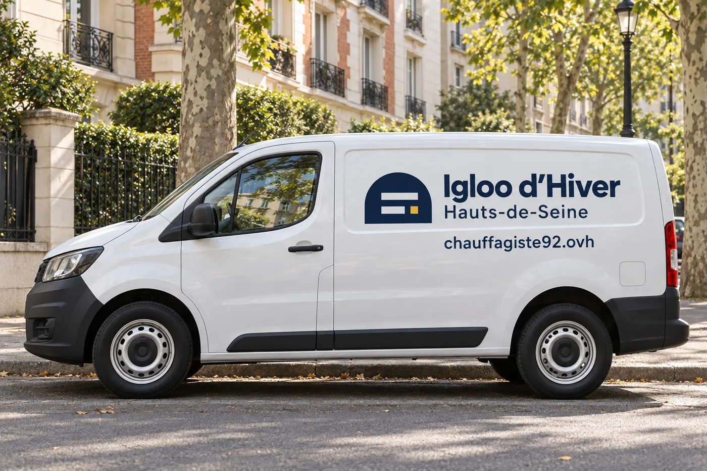 Utilitaire blanc aux couleurs d’Igloo d’Hiver Hauts-de-Seine garé dans une rue résidentielle du 92